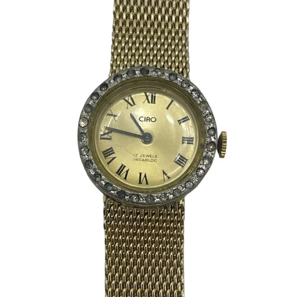 Vtg Ciro Incabloc Bejeweled Mechanical Women's Wrist Watch 10K Rolled Gold Plate